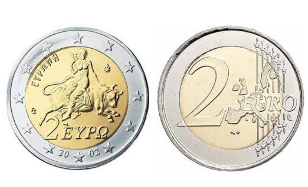 Moneta da 2 euro della Grecia del 2002 con la "S"