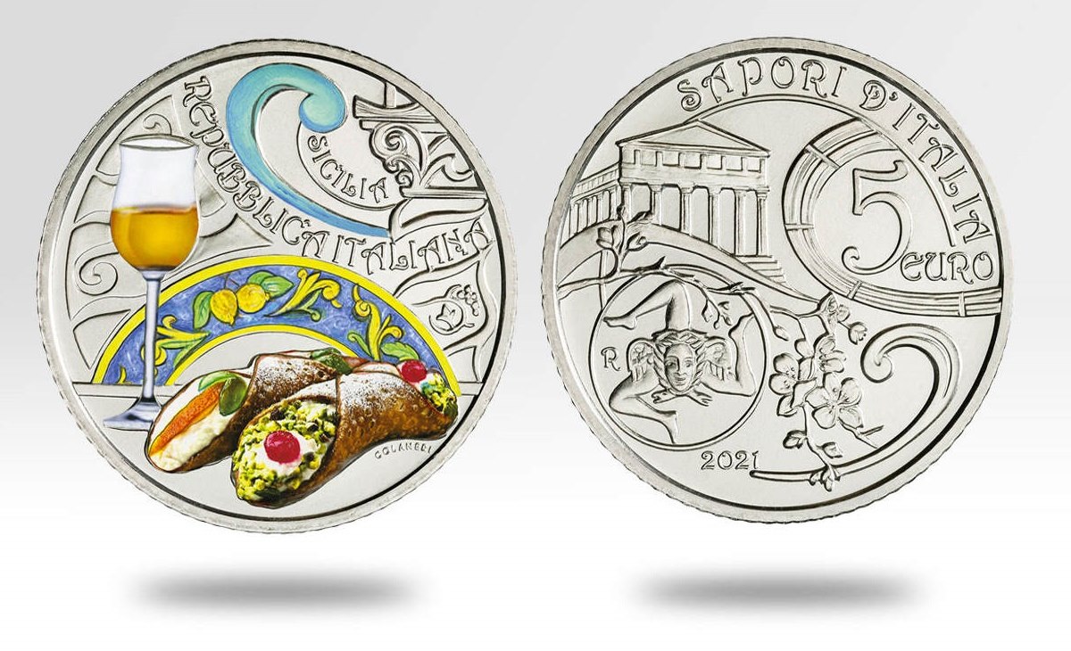 Caratteristiche moneta da 5 euro con cannolo e passito siciliano