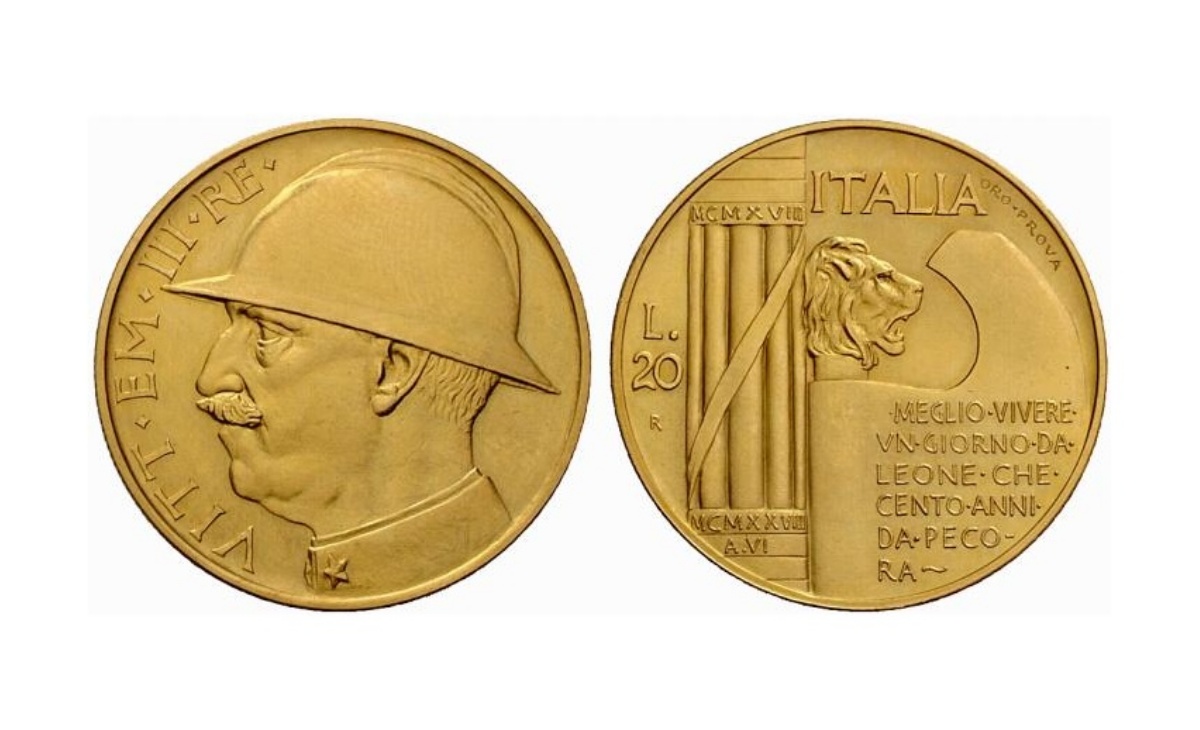 Valore delle 20 Lire 1928 elmetto ORO – PROVA