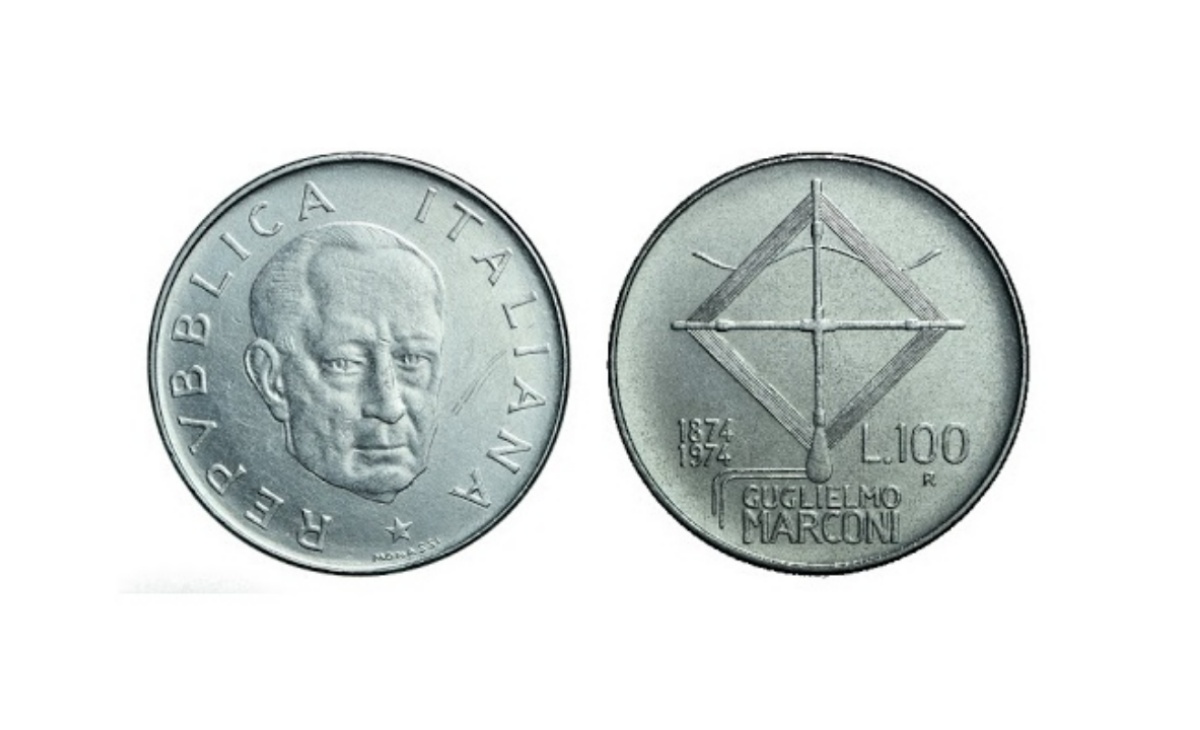 Valore moneta da 100 Lire Guglielmo Marconi del 1974