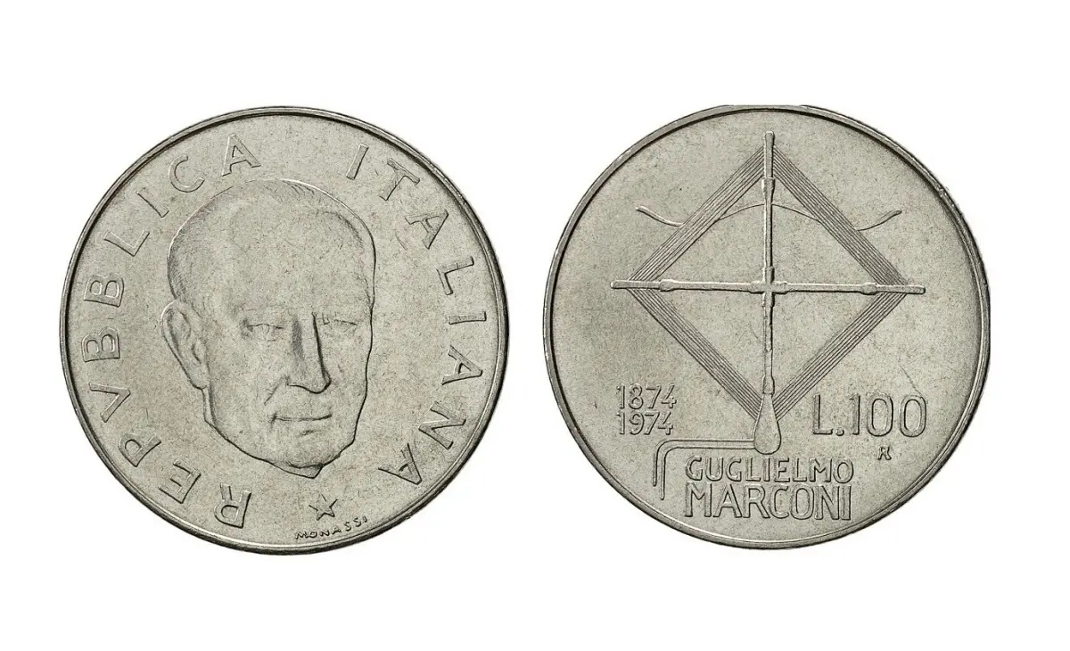 Valore moneta da 100 Lire Guglielmo Marconi del 1974