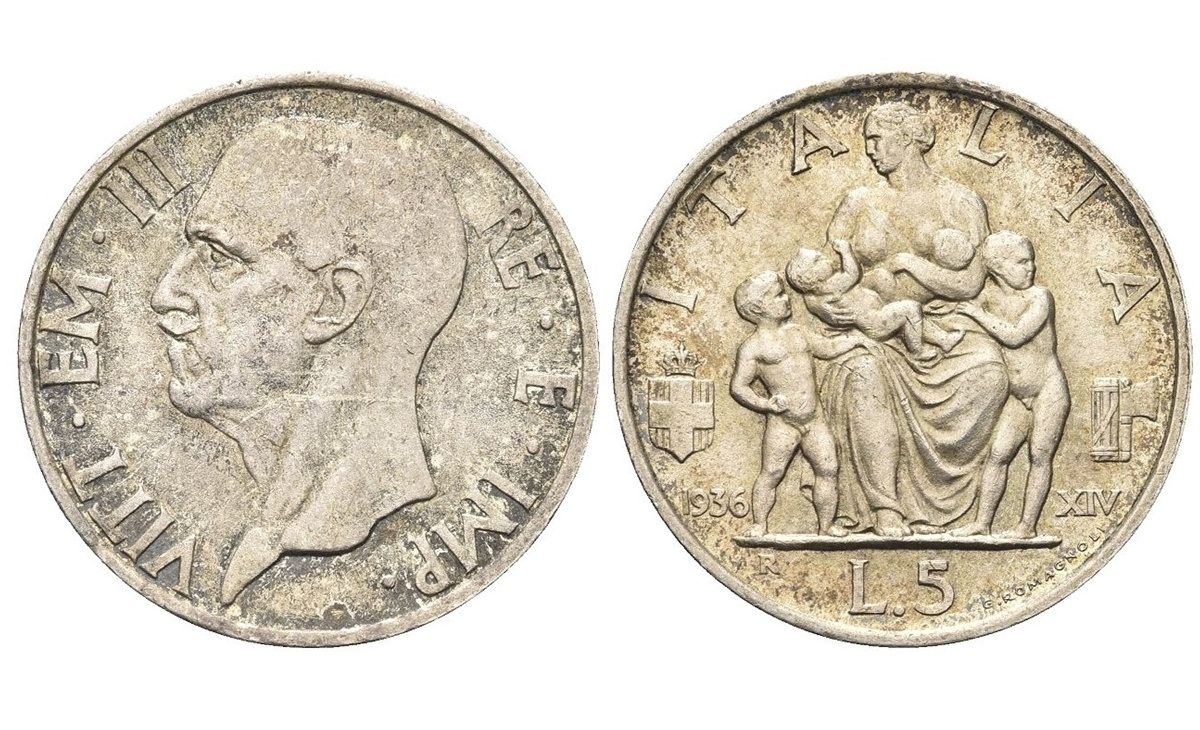 Valore moneta da 5 Lire Vittorio Emanuele III Italia Feconda