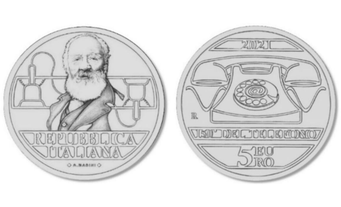 Valore moneta da 5 euro 150° Anniversario dell’invenzione del telefono di Antonio Meucci