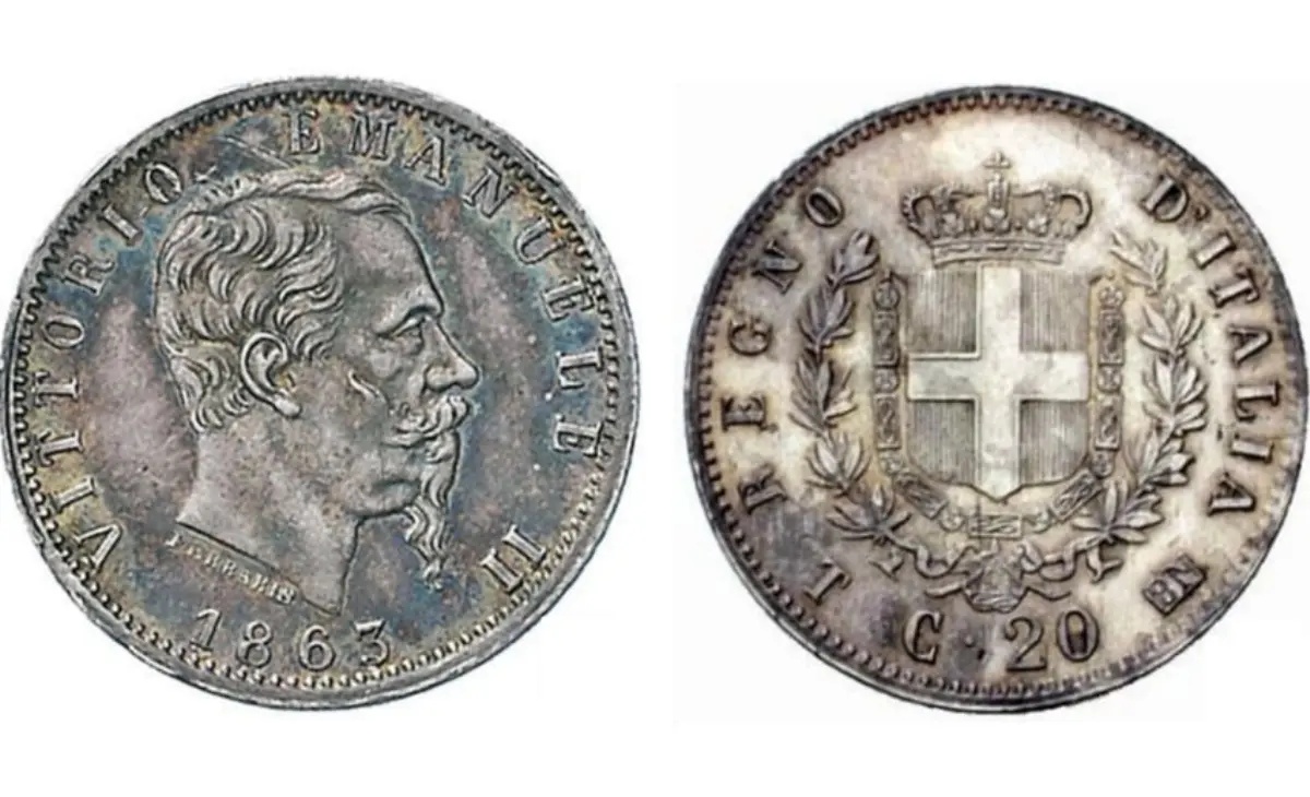 Valore moneta da 20 centesimi 1863 Stemma Vittorio Emanuele II