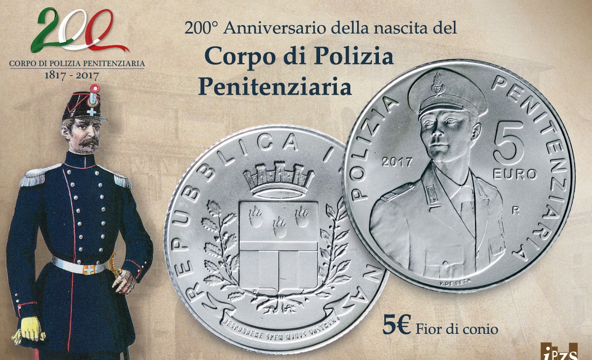 Valore moneta da 5 euro 200° Anniversario della nascita del Corpo di Polizia Penitenziaria