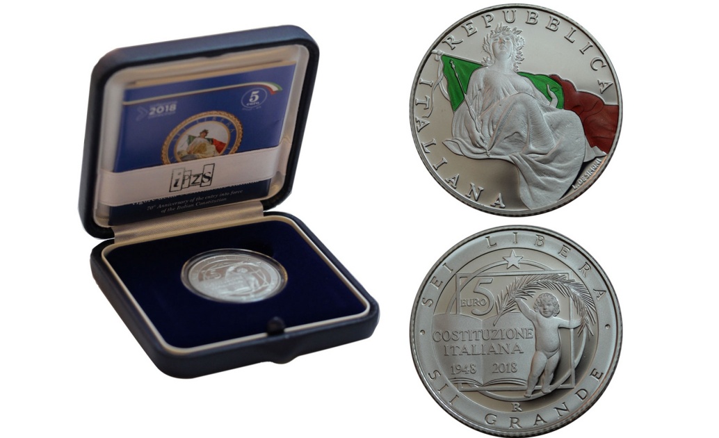 Valore moneta da 5 euro 70° Anniversario dell'entrata in vigore della Costituzione Italiana