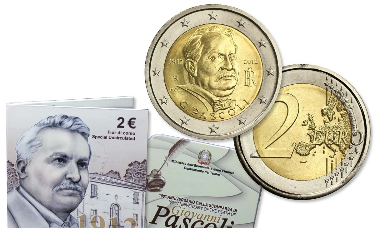 Valore moneta da 2 euro Centenario della scomparsa di Giovanni Pascoli