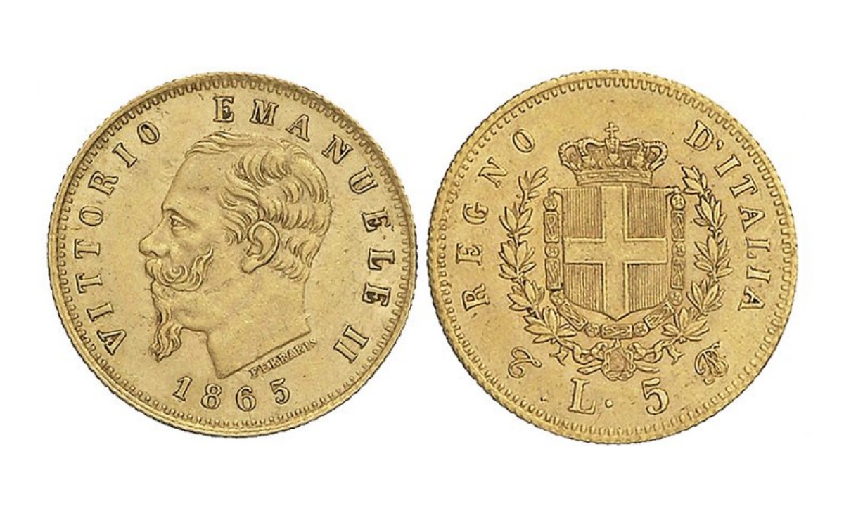 Valore moneta da 5 Lire Vittorio Emanuele II Stemma ORO