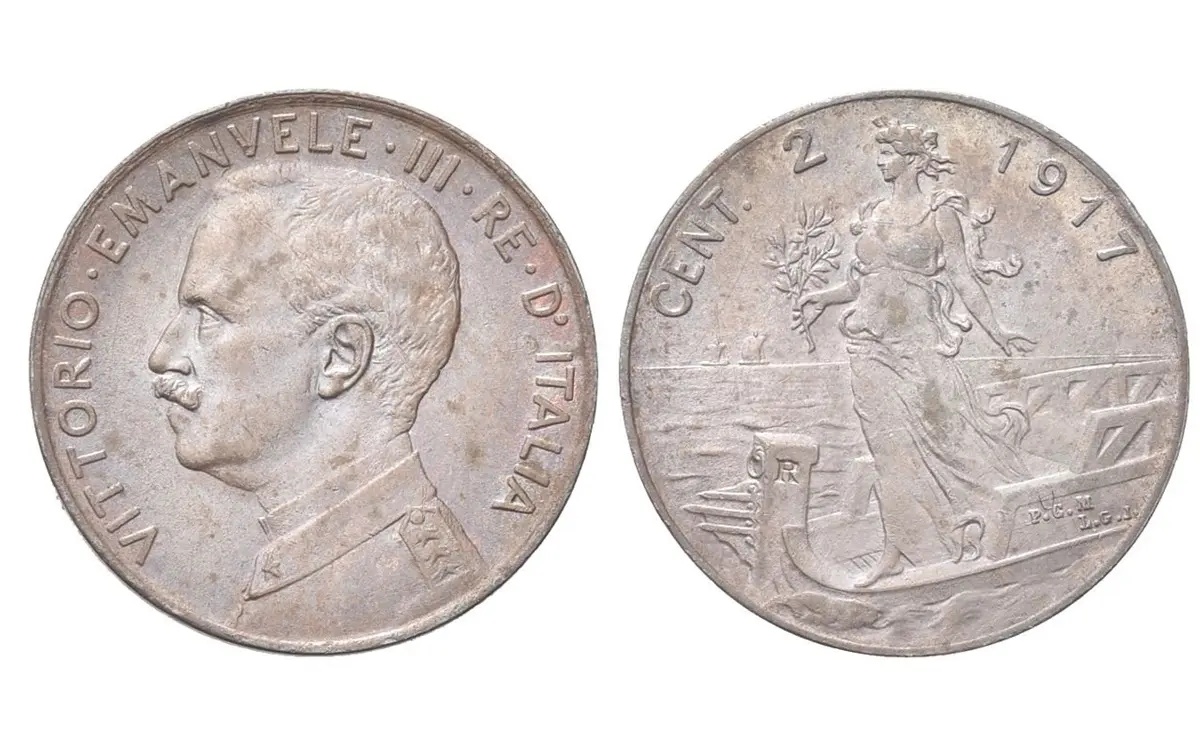 Valore moneta da 2 centesimi Vittorio Emanuele III Italia su prora