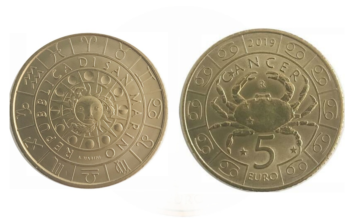 Prezzo e caratteristiche moneta da 5 euro San Marino 2019 serie Zodiaco Cancro Monometallico