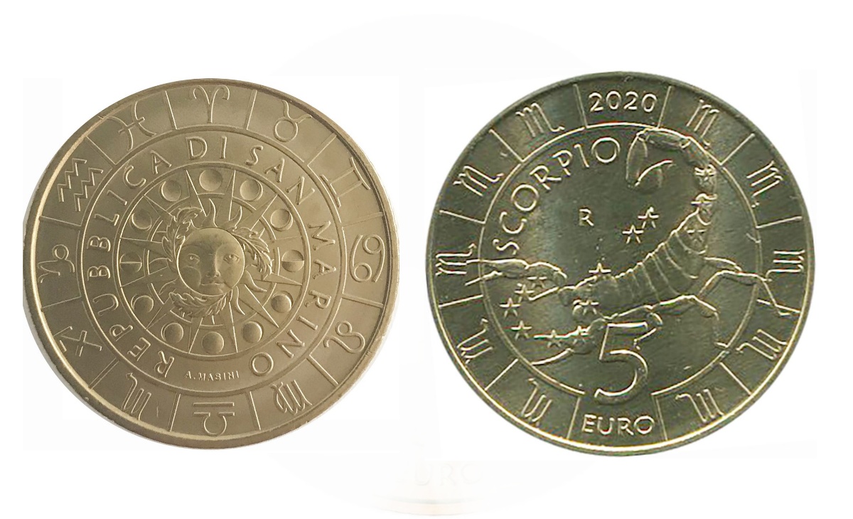 Caratteristiche moneta da 5 euro San Marino 2020 serie Zodiaco Scorpione Monometallico