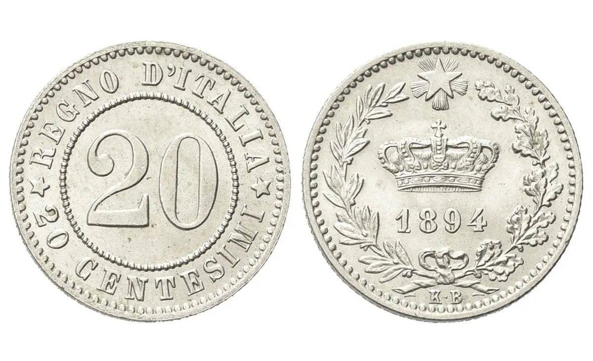 Valore moneta da 20 centesimi 1894 Umberto I – Nichelino