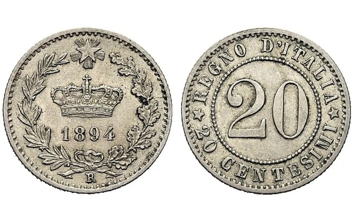 Valore moneta da 20 centesimi 1894 Umberto I – Nichelino
