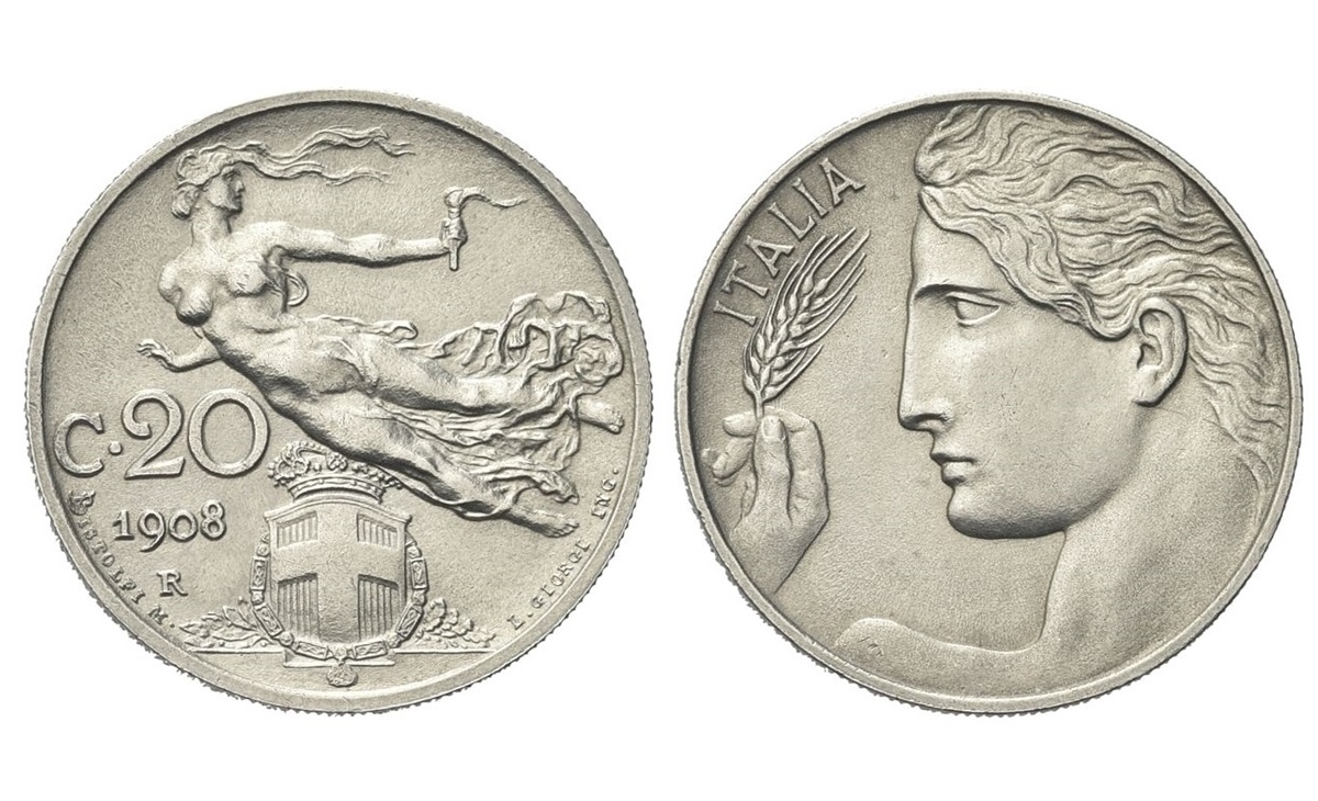 Valore moneta da 20 centesimi 1908 Libertà Librata Vittorio Emanuele III