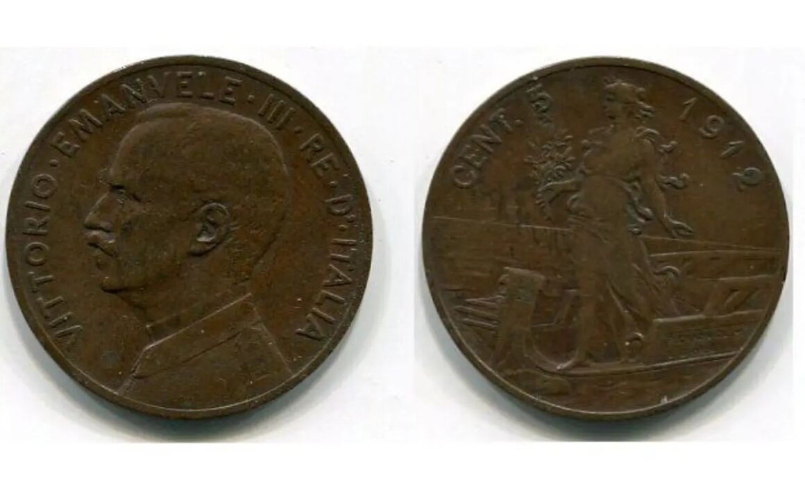 Valore moneta da 5 centesimi Vittorio Emanuele III Italia su Prora