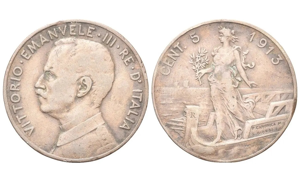 Valore moneta da 5 centesimi Vittorio Emanuele III Italia su Prora