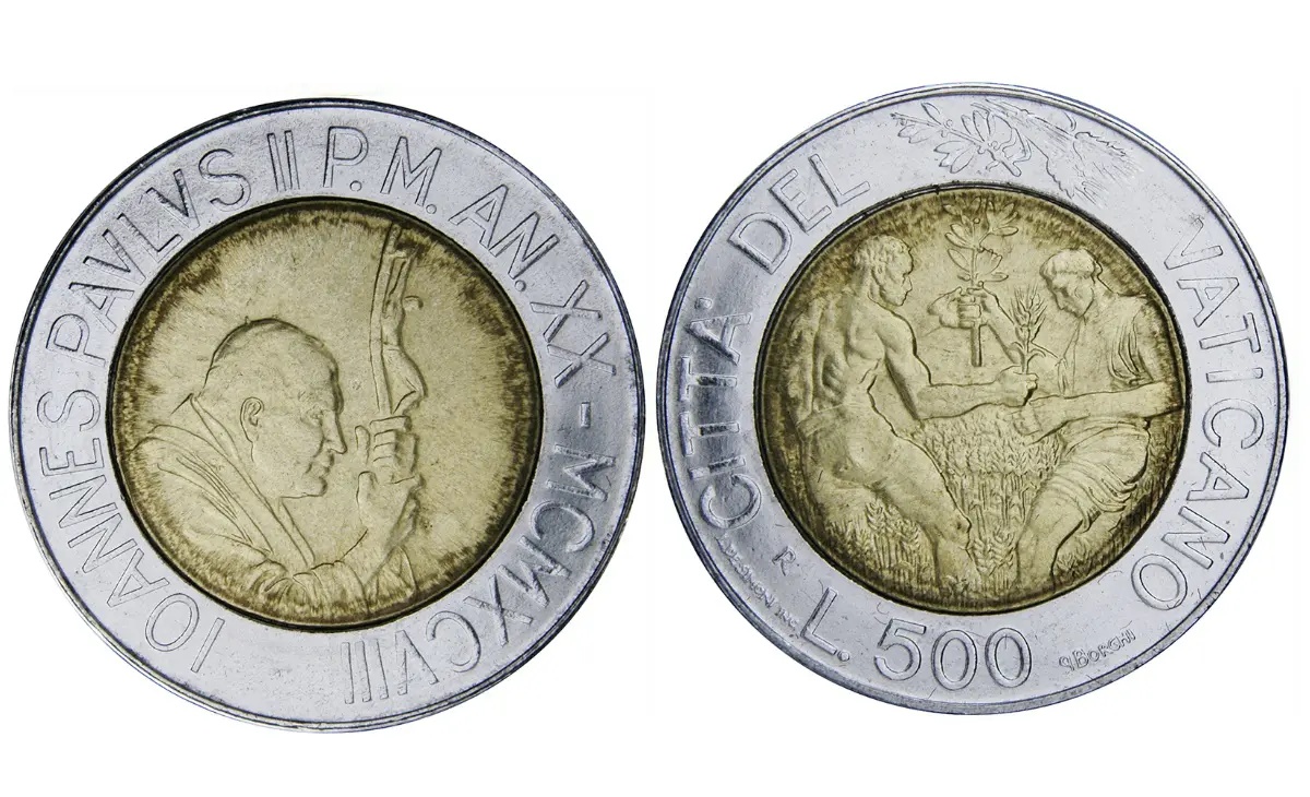 Caratteristiche e valore moneta da 500 Lire Bimetalliche Vaticano 1998 Grano e Olive