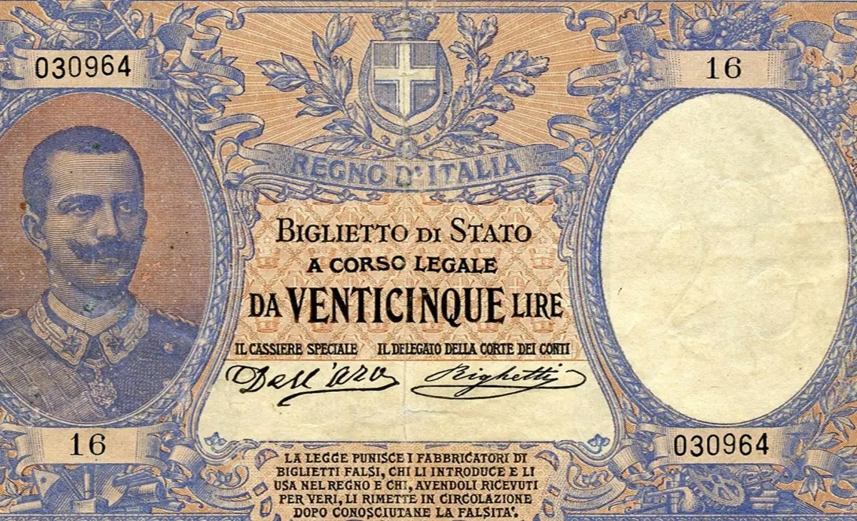 Valore della banconota da 25 lire Vittorio Emanuele III del 1902