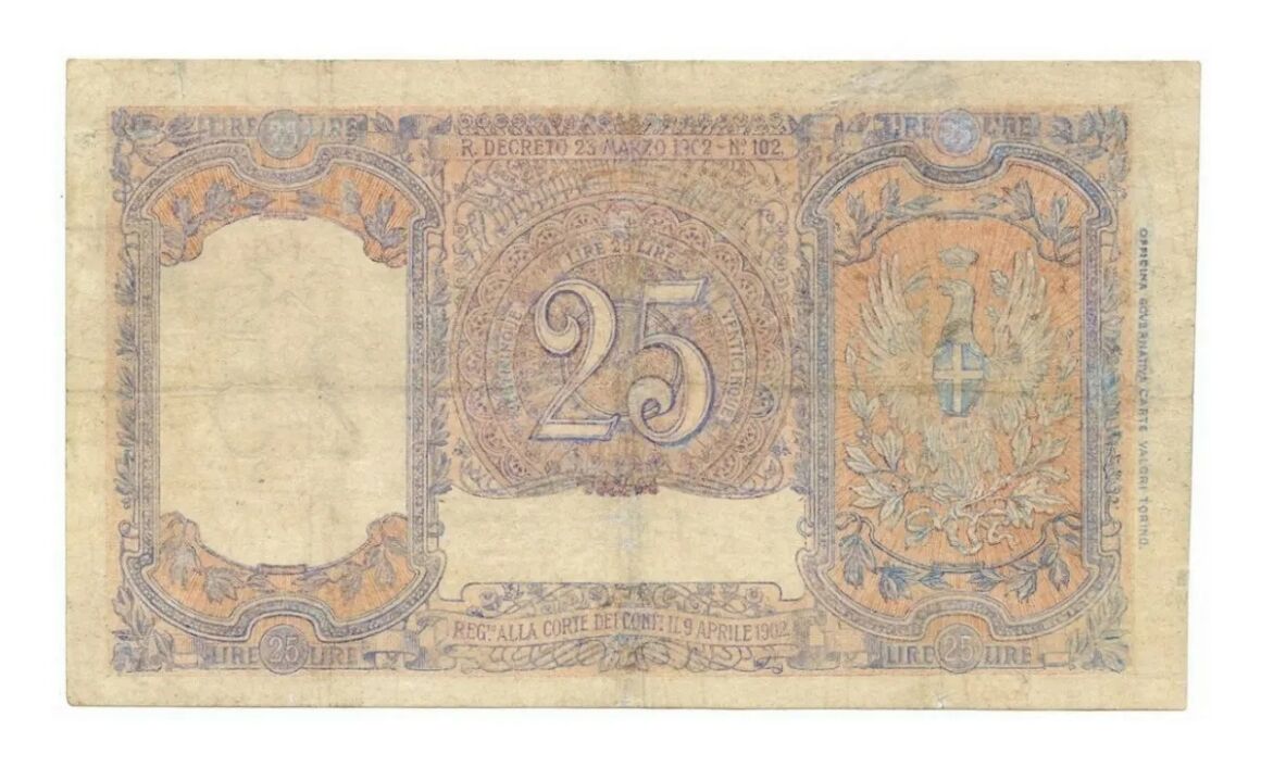 Valore della banconota da 25 lire Vittorio Emanuele III del 1902